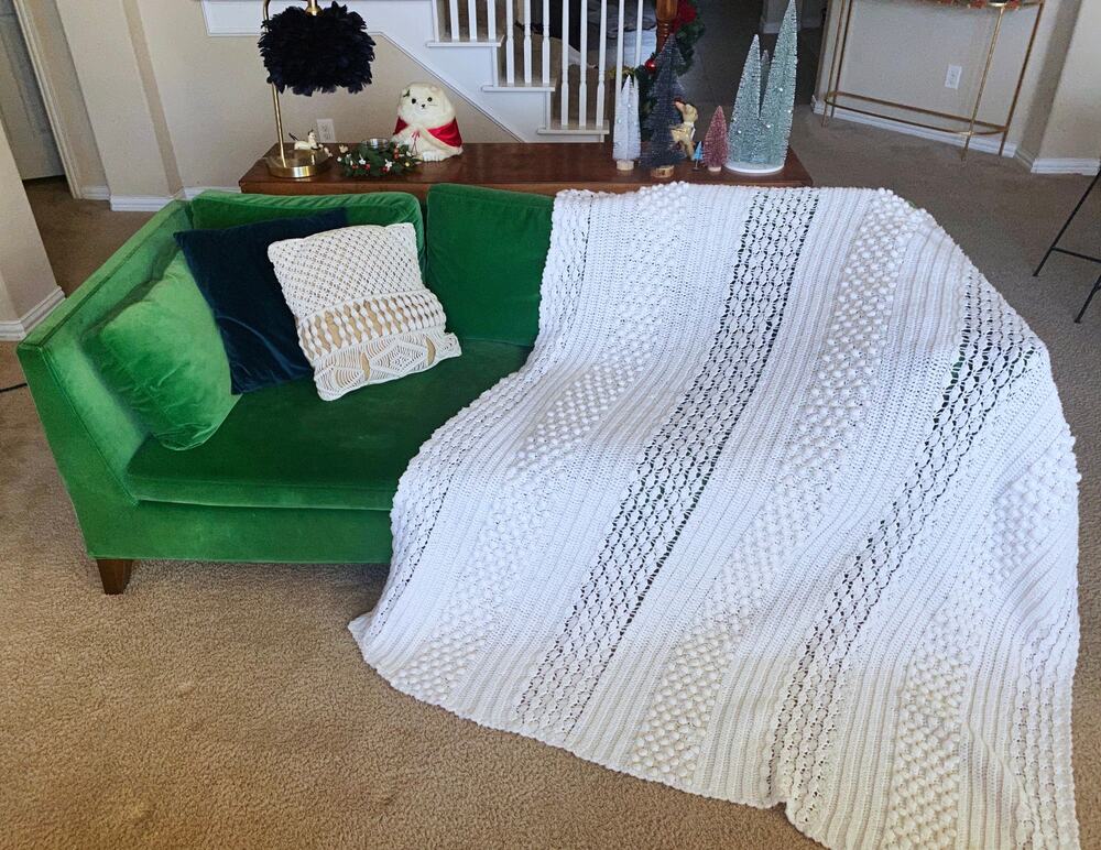 vintage white CROCHET Pom Pom hand knit AFGHAN Queen King blanket handmade throw